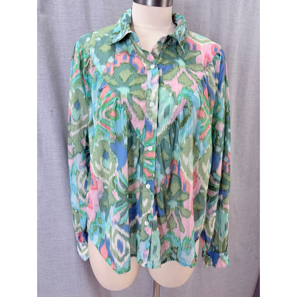 Love the Label Women Green Pink Abstract Ikat Print Western Yoke Blouse Large